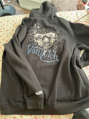 Von Dutch Black Hoodie with White Skull Graphic and Blue Logo